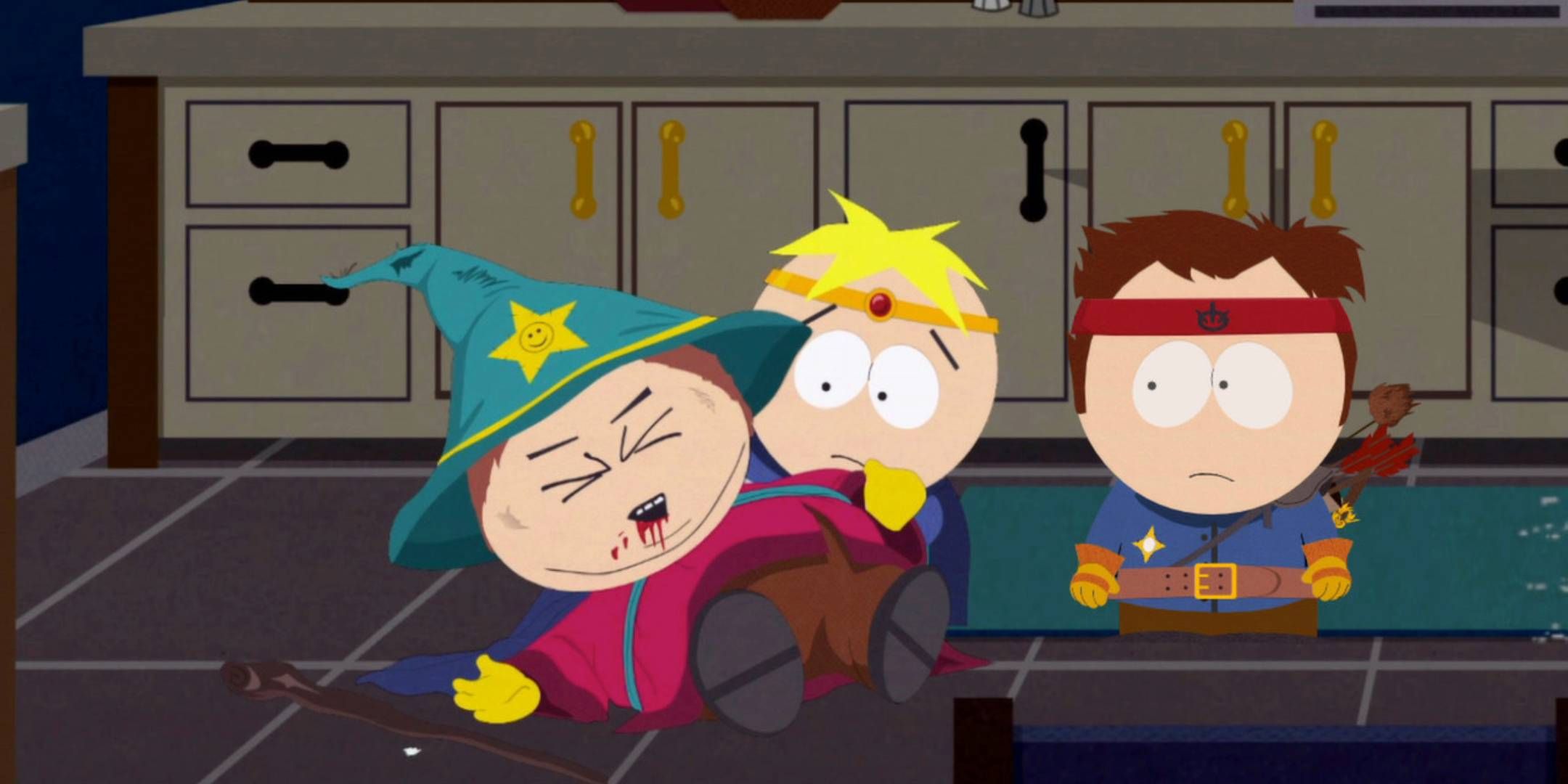 Personaggio di South Park sanguinante sul pavimento nel gioco The Stick of Truth
