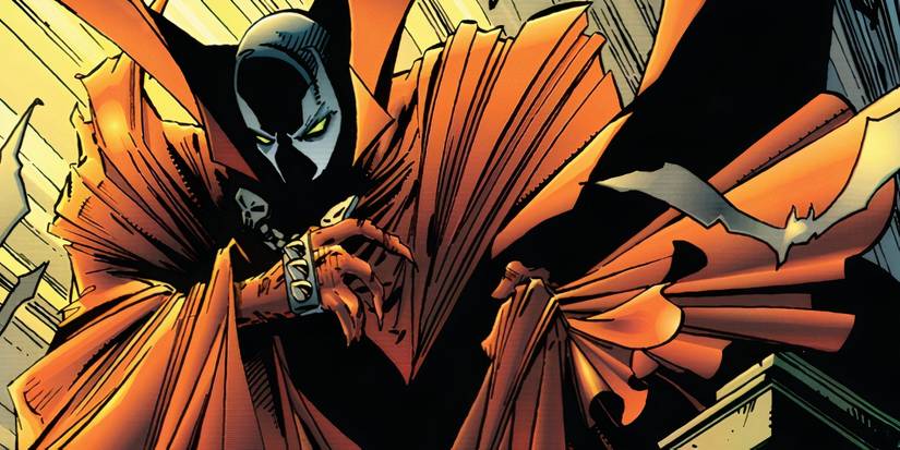 Spawn sitting on the edge of a building with a bat flying next to him.