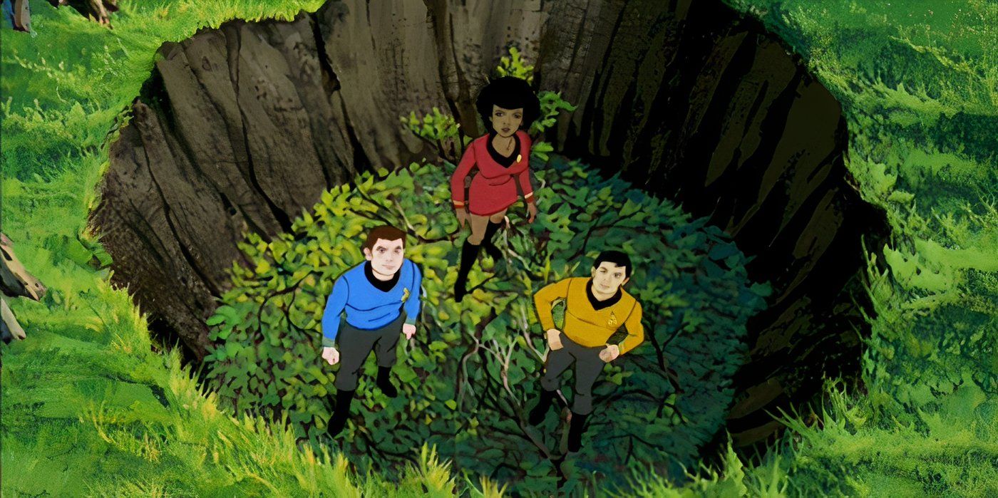 Animated Star Trek characters standing in a grassy pit