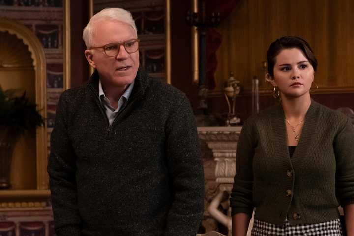 Steve Martin's Charles and Selena Gomez's Mabel looking surprised and intense in Only Murders in the Building season 5