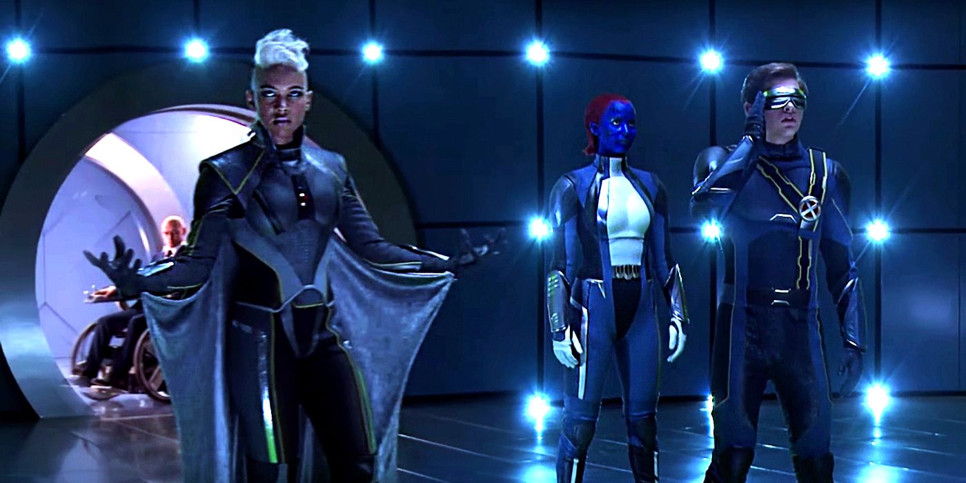Storm, Mystique, and Cyclops wear their comic-accurate costumes in front of Professor X in X-Men Apocalypse's final scene