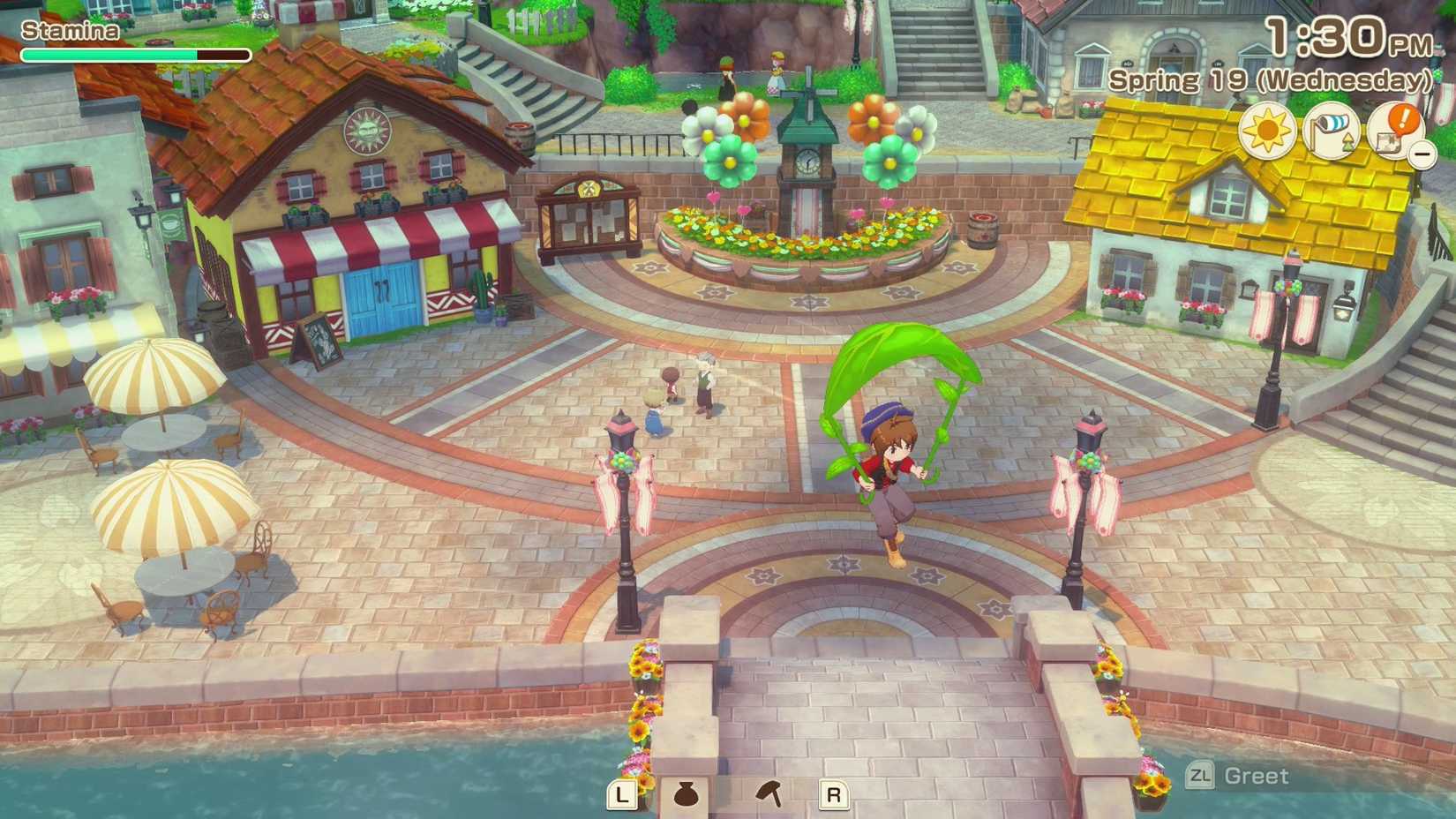 Story of Seasons Grand Bazaar Player utilisant un planeur pour flotter sur le vent à travers la place de la ville.