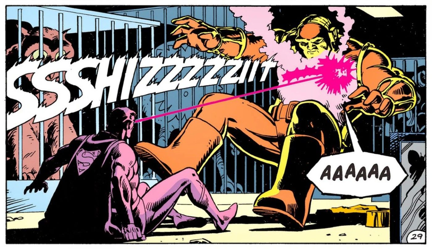 superman burns mongul with his heat vision