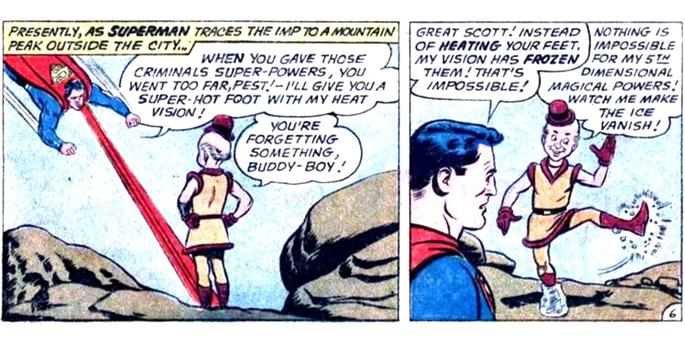 superman tries to burn Mr. Mxyzptlk feet