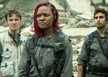 Alex Lawther, Diem Camille, Moe Bar-El gathered in Alien: Earth