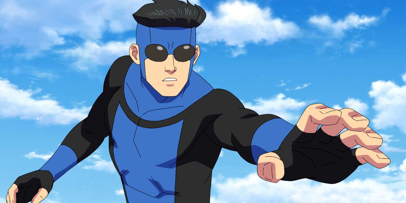 Mark/Invincible in his blue suit and reaching out while flying in Invincible season 3