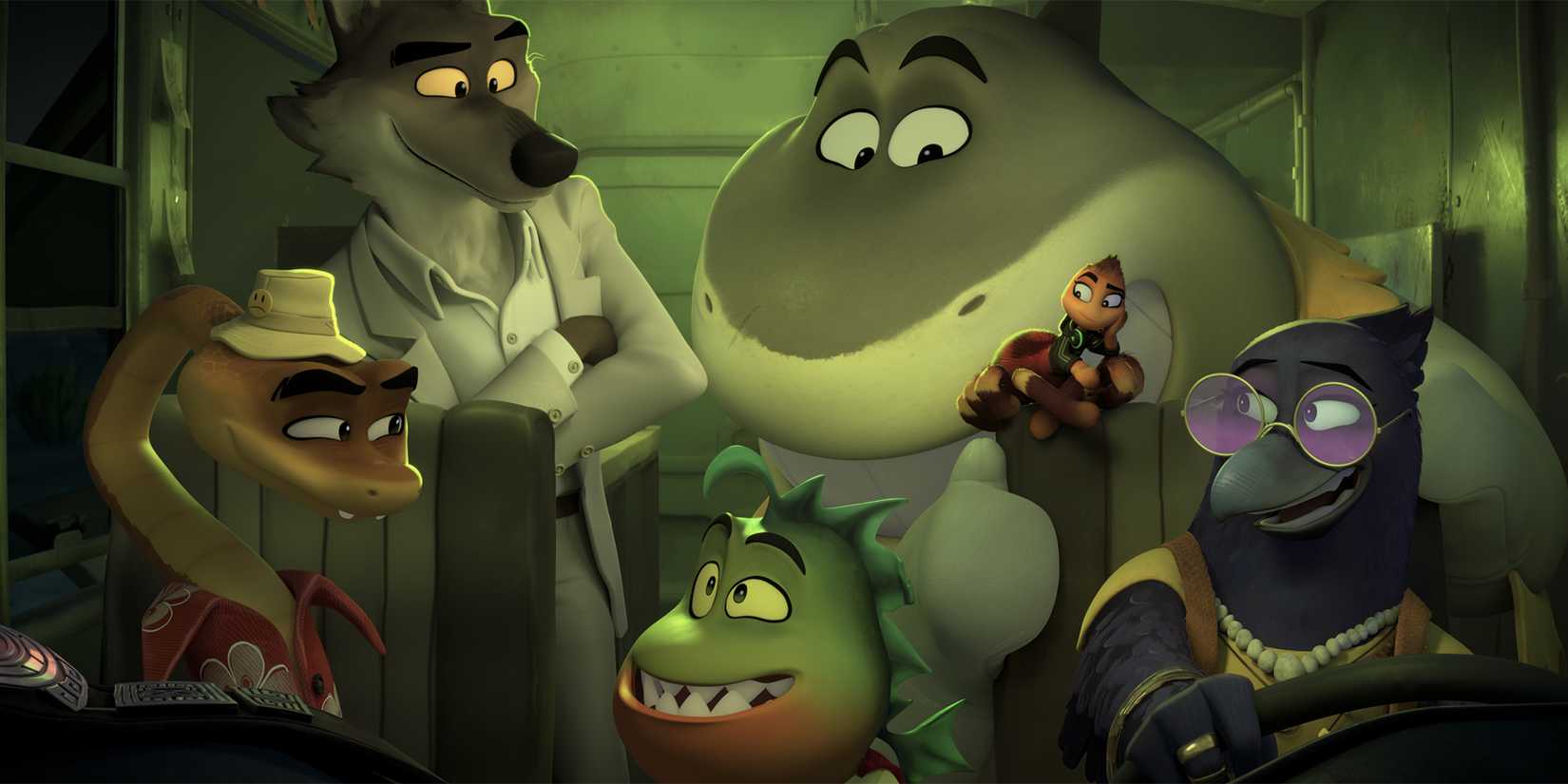 The Bad Guys 2 cast in a truck with green light