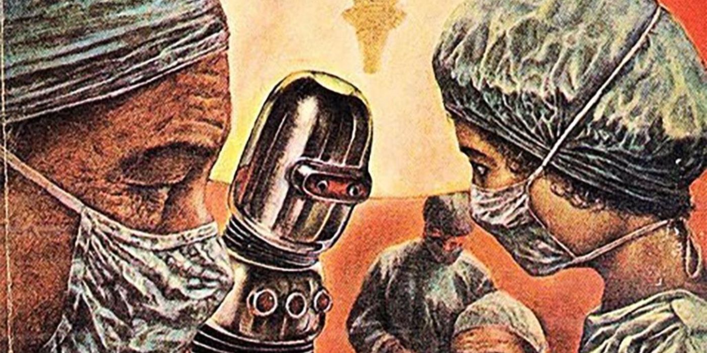 Doctors work with a robot on the cover of The Bladerunner by Alan E. Nourse