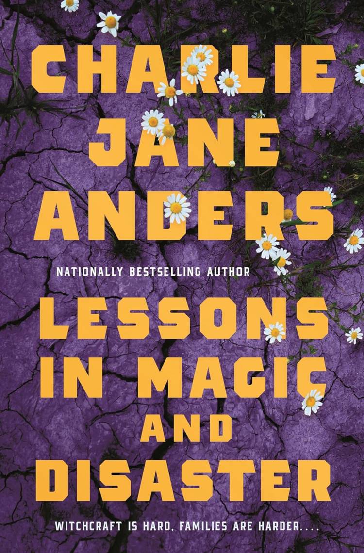The Cover Of Lessons In Magic And Disaster featuring yellow title text, a purple background, and flowers