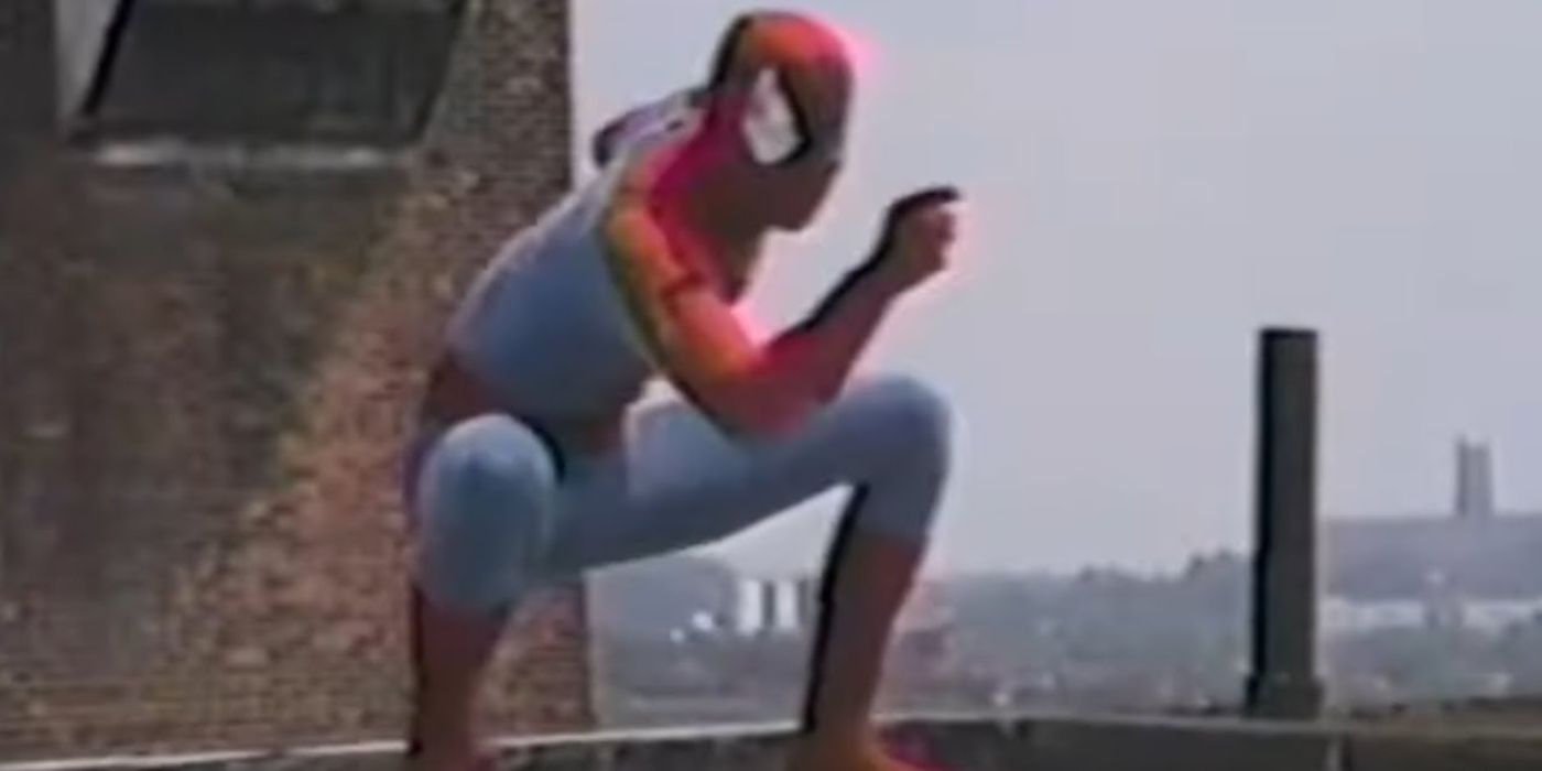 Spider-Man points while standing on a rooftop in The Green Goblin's Last Stand