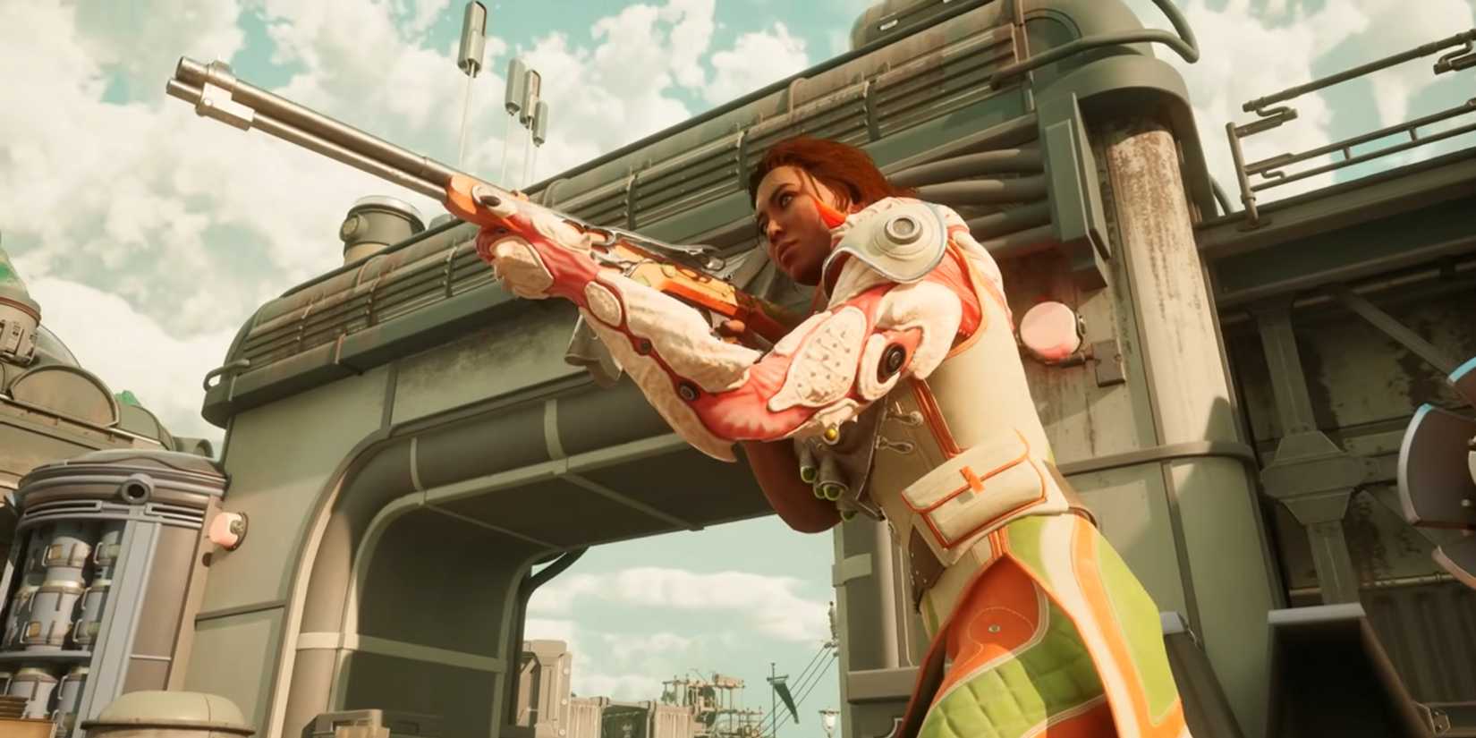 Inez 2 holds a rifle in the outer world.