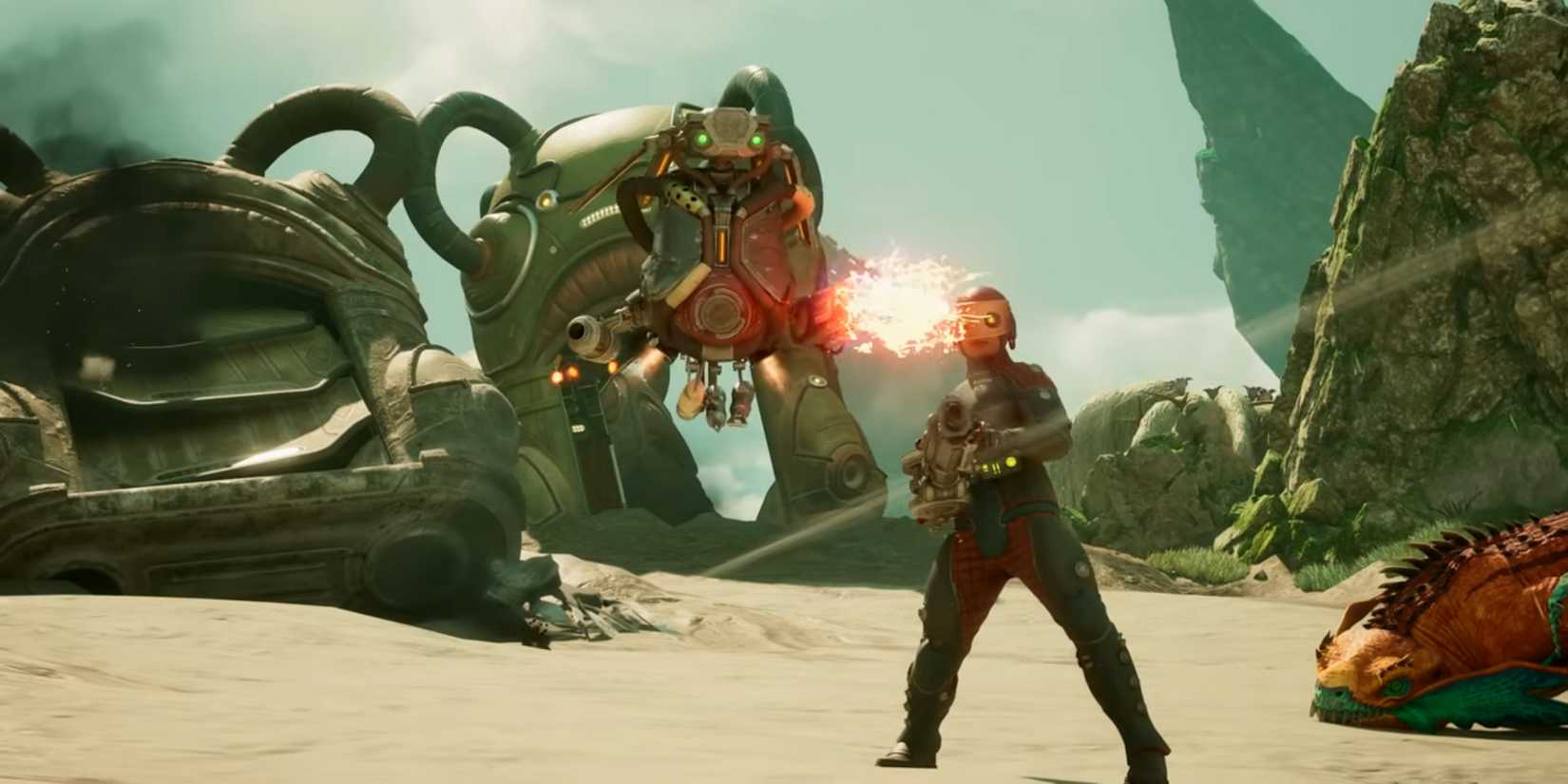 Valerie shooting an enemy with the player behind it in The Outer Worlds 2.