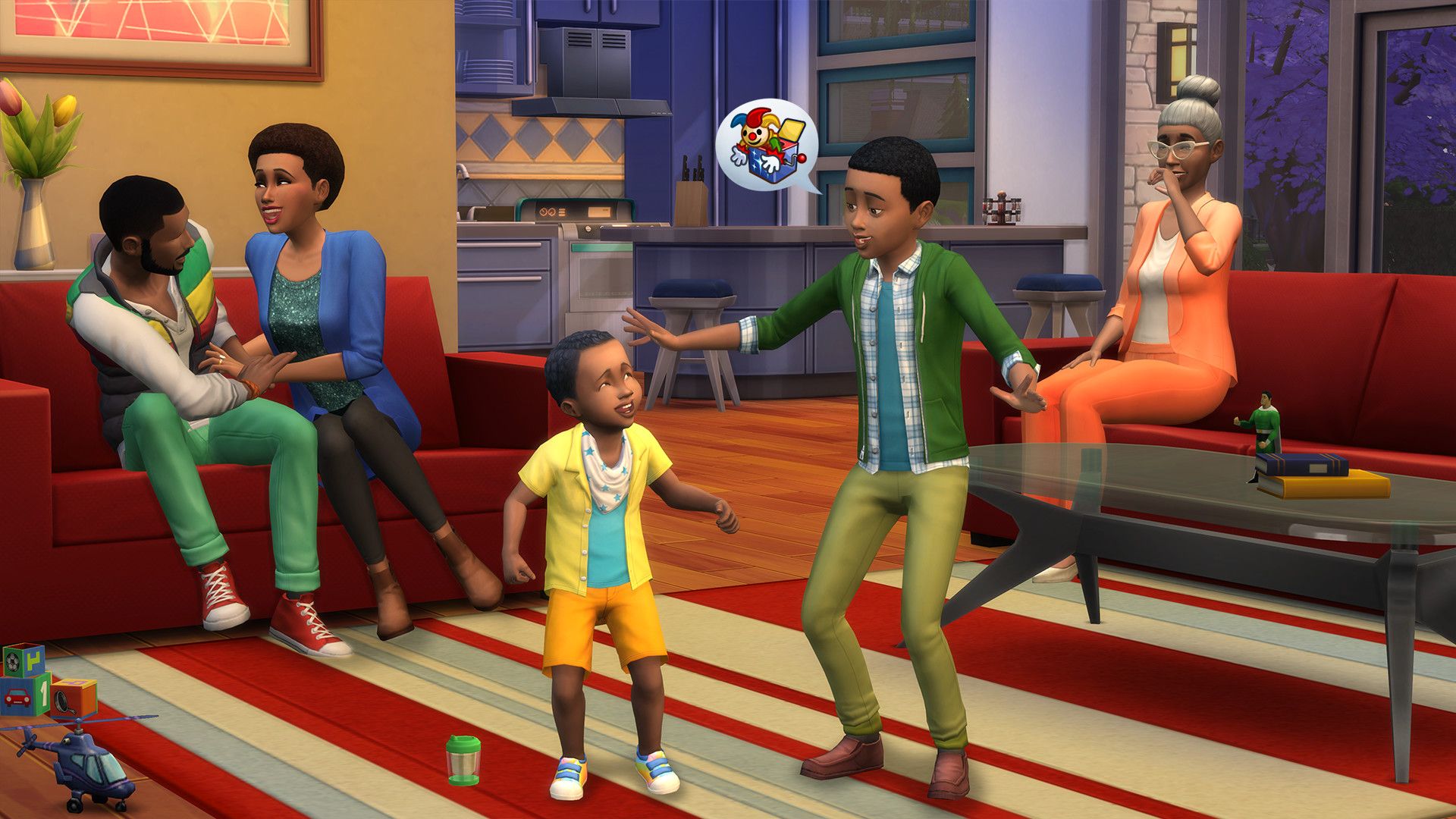 The sims characters gathered in living room interacting with each other