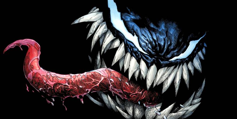 O simbionte destaca sua língua em um fundo preto em veneno nº 1, capa de Humberto Ramos