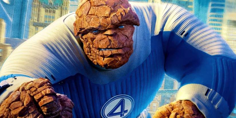The Thing rushing toward the camera on a poster for The Fantastic Four First Steps