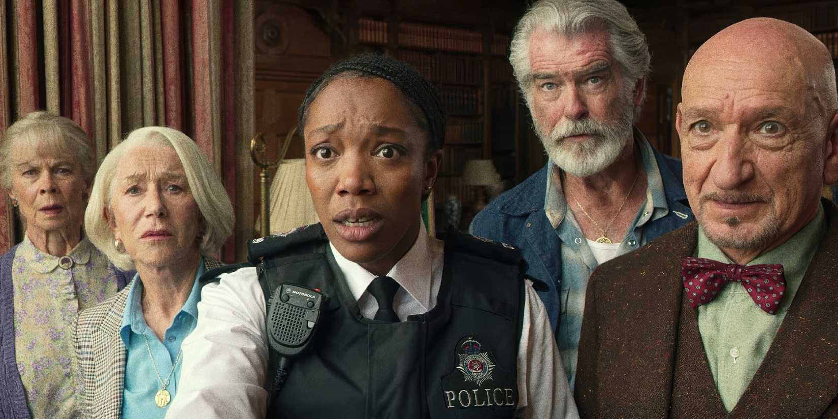 The Thursday Murder Club, including Helen Mirren, Pierce Brosnan, Naomie Ackie, and Ben Kingsley, look ahead with shock