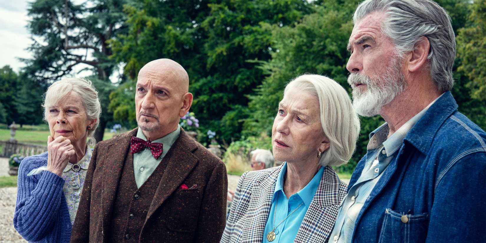Helen Mirren, Pierce Brosnan, Celia Imrie, and Ben Kingsley in The Thursday Murder Club.