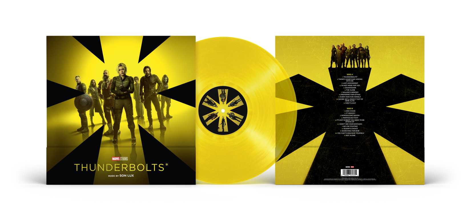 This image features both the front and back covers of the Thunderbolts movie soundtrack on vinyl. The front and back covers both feature the main characters from the film against and on top of yellow and black asterisks. In the middle is the soundtrack's yellow color vinyl, which also has designs of some of the movie's characters in its center.