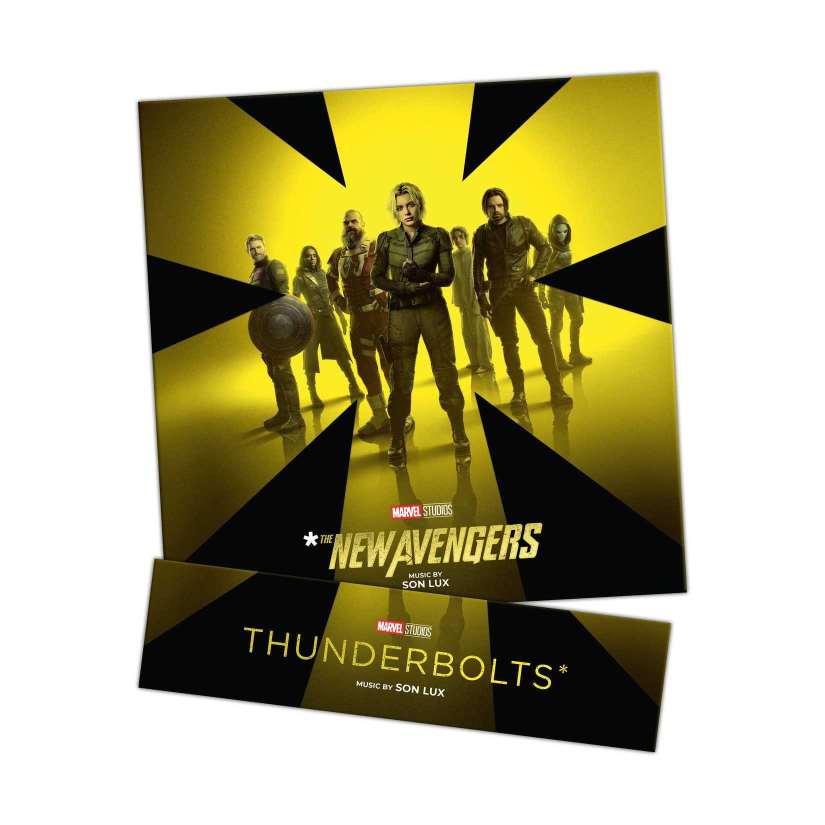 This image features the vinyl edition cover of the Thunderbolts movie soundtrack, which shows both names for the film being on it with what is likely a removable lower cover piece. The cover shows the main characters of the film on a black background highlighted by a large yellow asterisk.