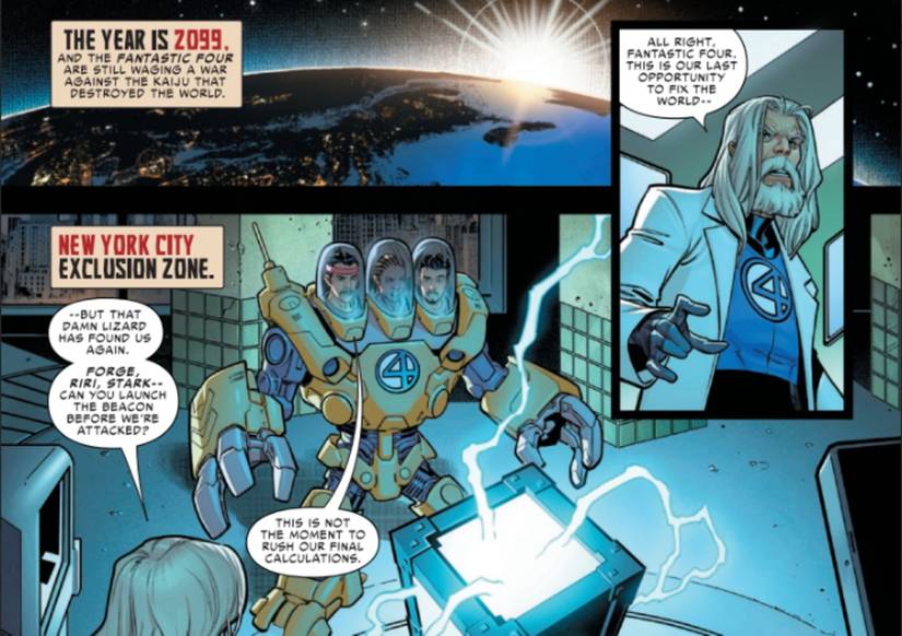 Tony Stark, Forge, and Riri Williams' heads on one cybernetic body