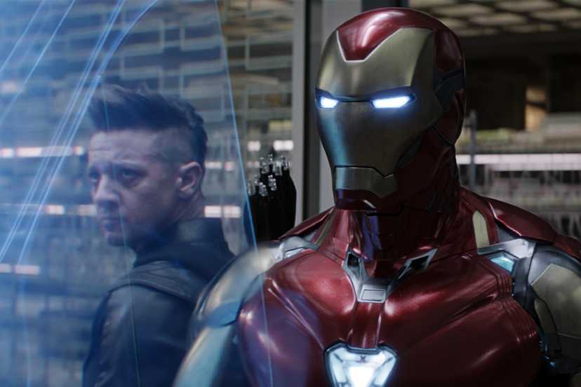 Tony Stark wears his Mark 85 Iron Man suit of armor next to Hawkeye in Avengers Endgame