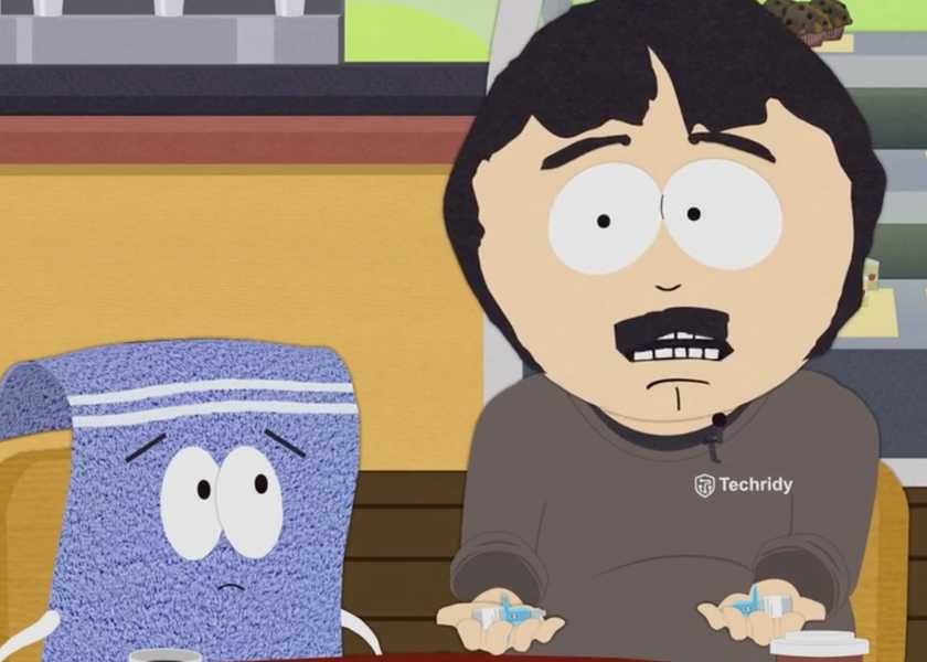 Towelie and Randy sit at a coffeshop table in South Park season 27 episode 3