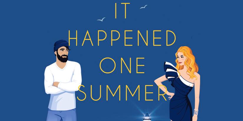 Two illustrated characters staring at one another on the It Happened One Summer book cover