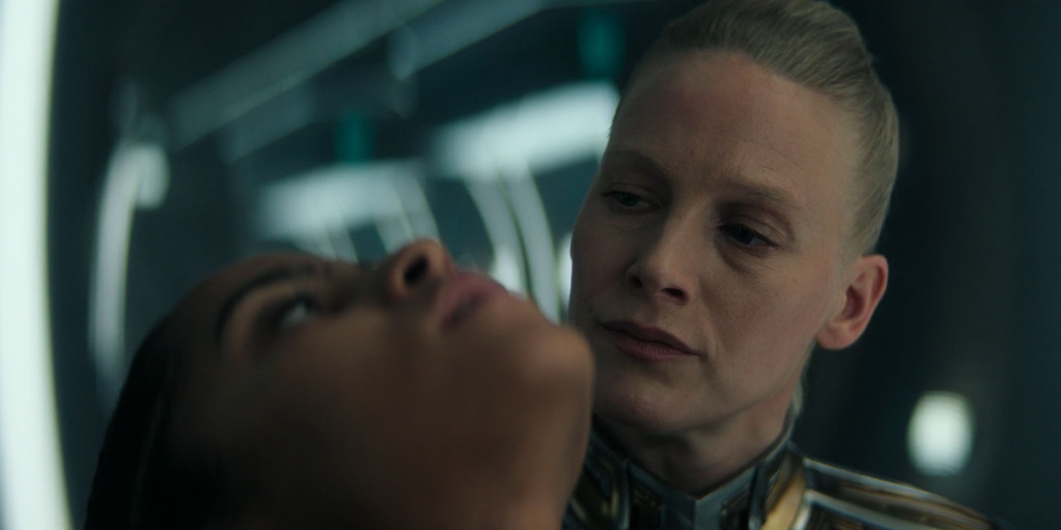 "The Shape Of Time" Is The Perfect Example Of How To Set Up The Season's Finale Stages Lou Llobell as Gaal Dornick in Foundation with Laura Birn's Lady Demerzel watching her