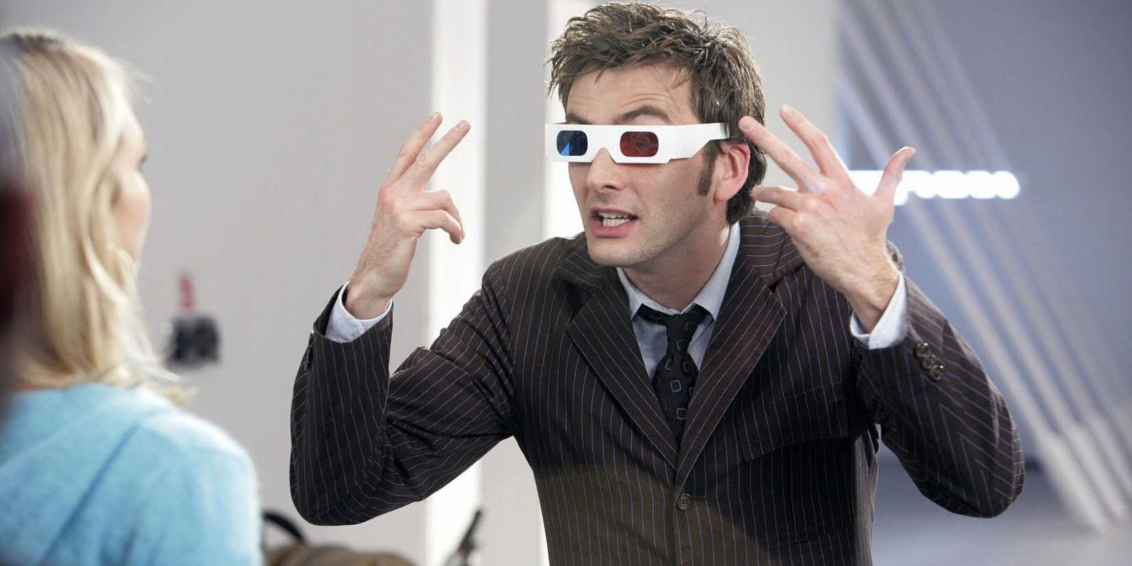 The Tenth Doctor talking to Rose while wearing 3D glasses, standing in Torchwood's headquarters, in the Doctor Who episode "Doomsday."