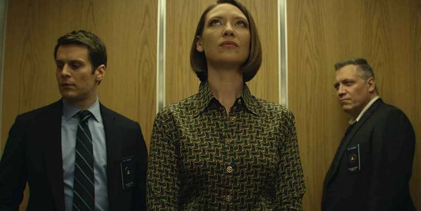 Holden, Wendy, and Bill in an elevator in Mindhunter