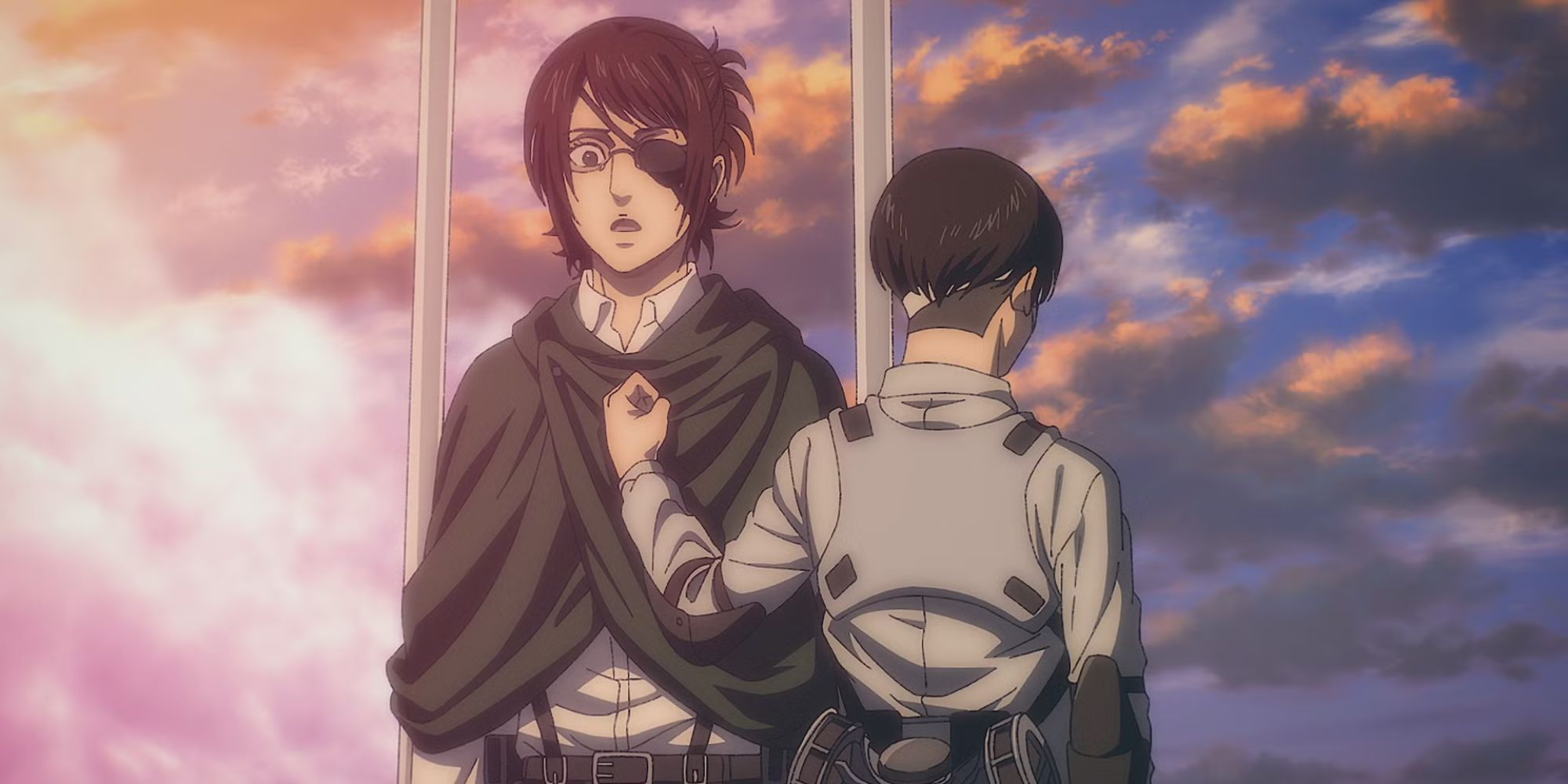 Two characters in attack on Titan, one with one eye and facing the camera. The other opposite. The two are in the bottom of a colorful cloudy sky.