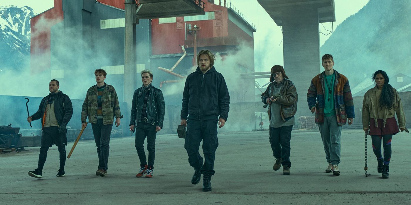 Characters from the Norwegian Ragnarok fantasy passing in front of the camera, holding weapons on an industrial backdrop