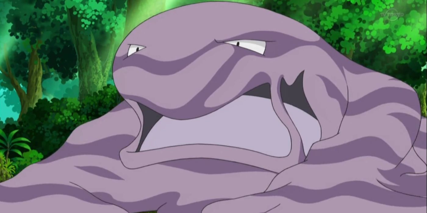 Close -up of a giant drop of purple with a face, Muk, in Pokemon
