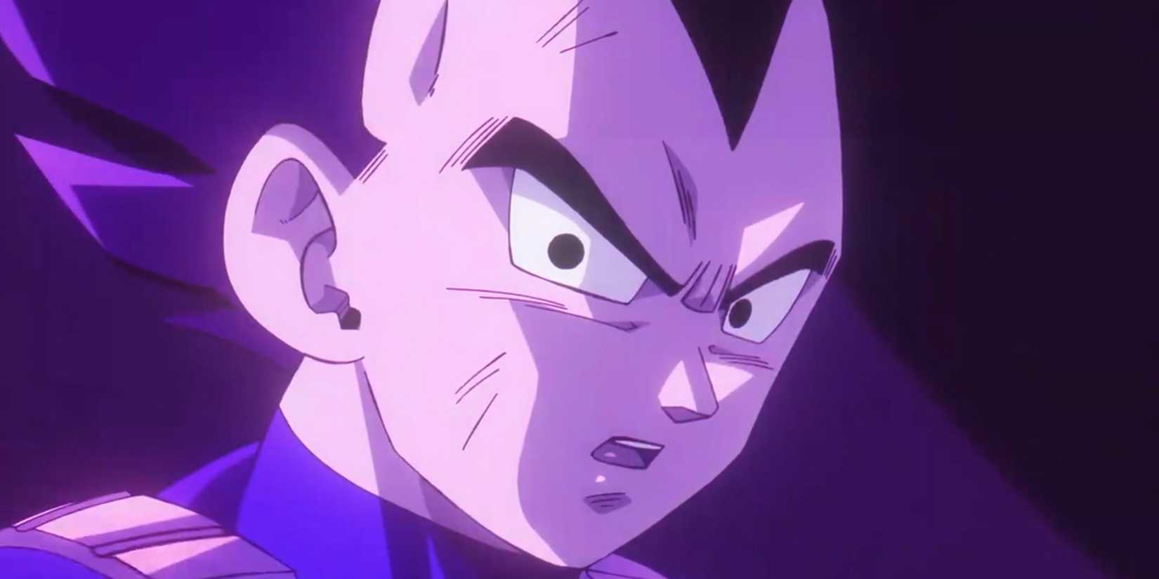Vegeta looking shocked against a dark background in Dragon Ball Daima.