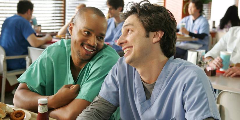 Zach Braff and Donald Faison looking at each other from Scrubs