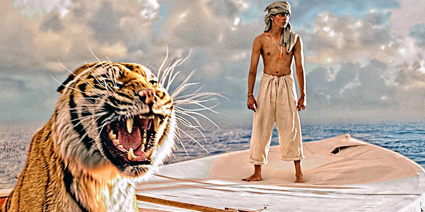 Suraj Sharma standing on a boat while a tiger roars in Life of Pi