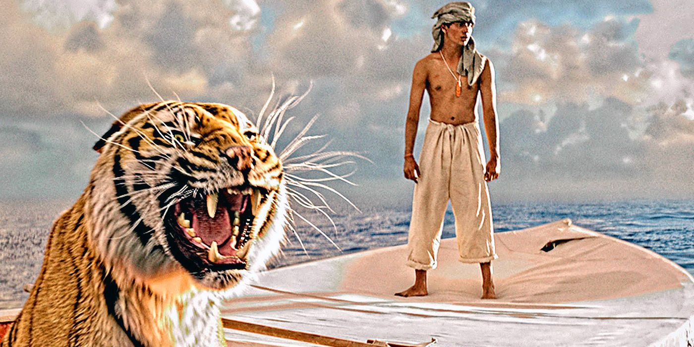 Suraj Sharma em pé em um barco enquanto um tigre ruge em Life of Pi