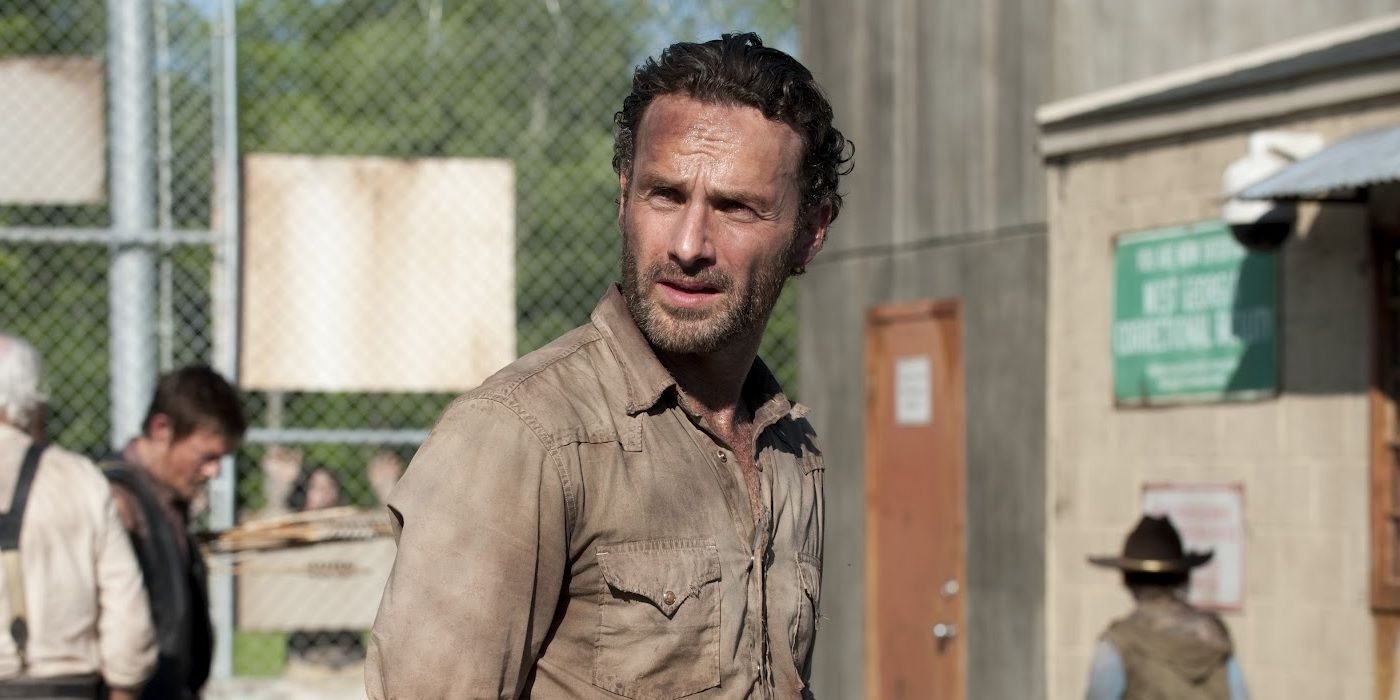 Andrew Lincoln as Rick Grimes looking serious in The Walking Dead