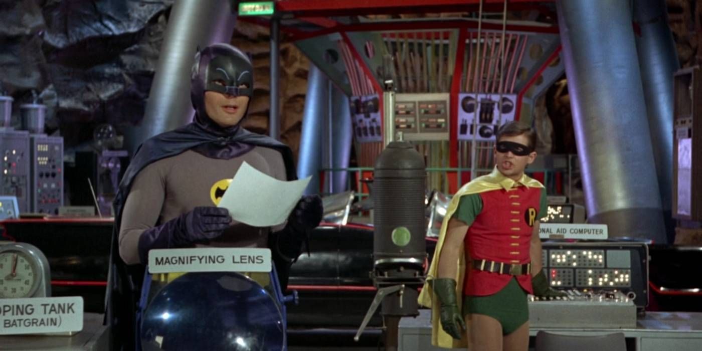 Adam West as Batman and Burt Ward as Robin in the Batcave