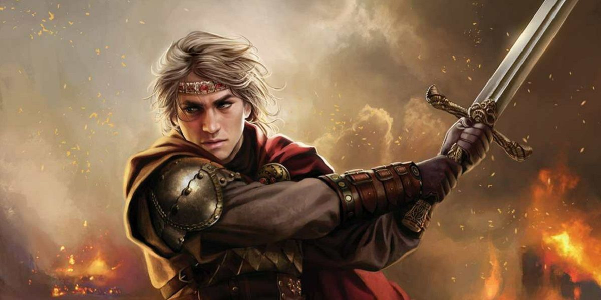 Aegon, o Conquistador, manejando Blackfyre em batalha no Mundo de Gelo e Fogo.