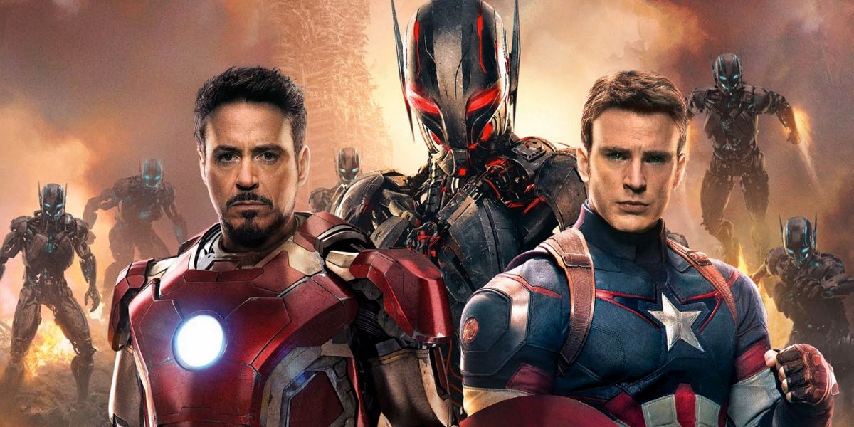 Avengers: Age of Ultron. Robert Downey Jr. as Tony Stark/Iron Man, James Spader as Ultron, and Chris Evans as Steve Rogers/Captain America