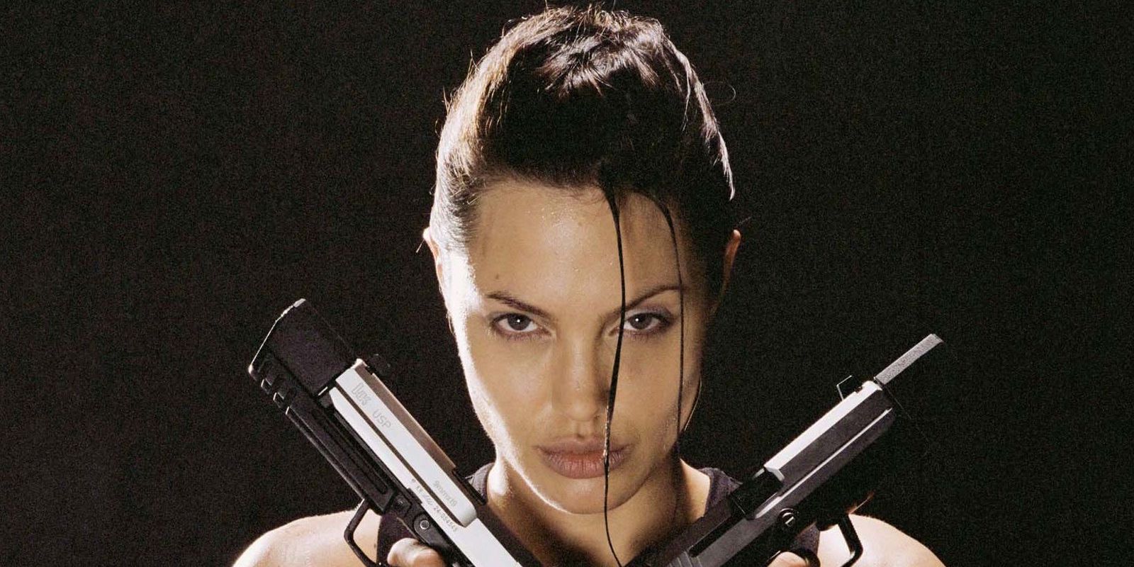 Angelina Jolie as Lara Croft in a promo image for Tomb Raider.