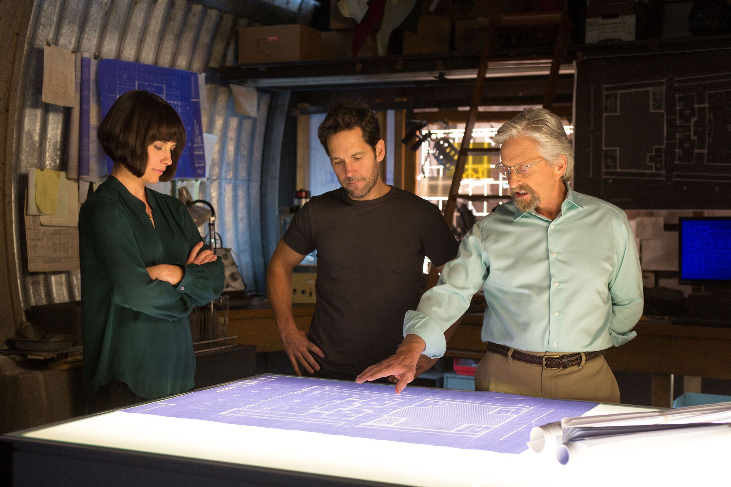 Paul Rudd, Evangeline Lilly and Michael Douglas in Ant-Man