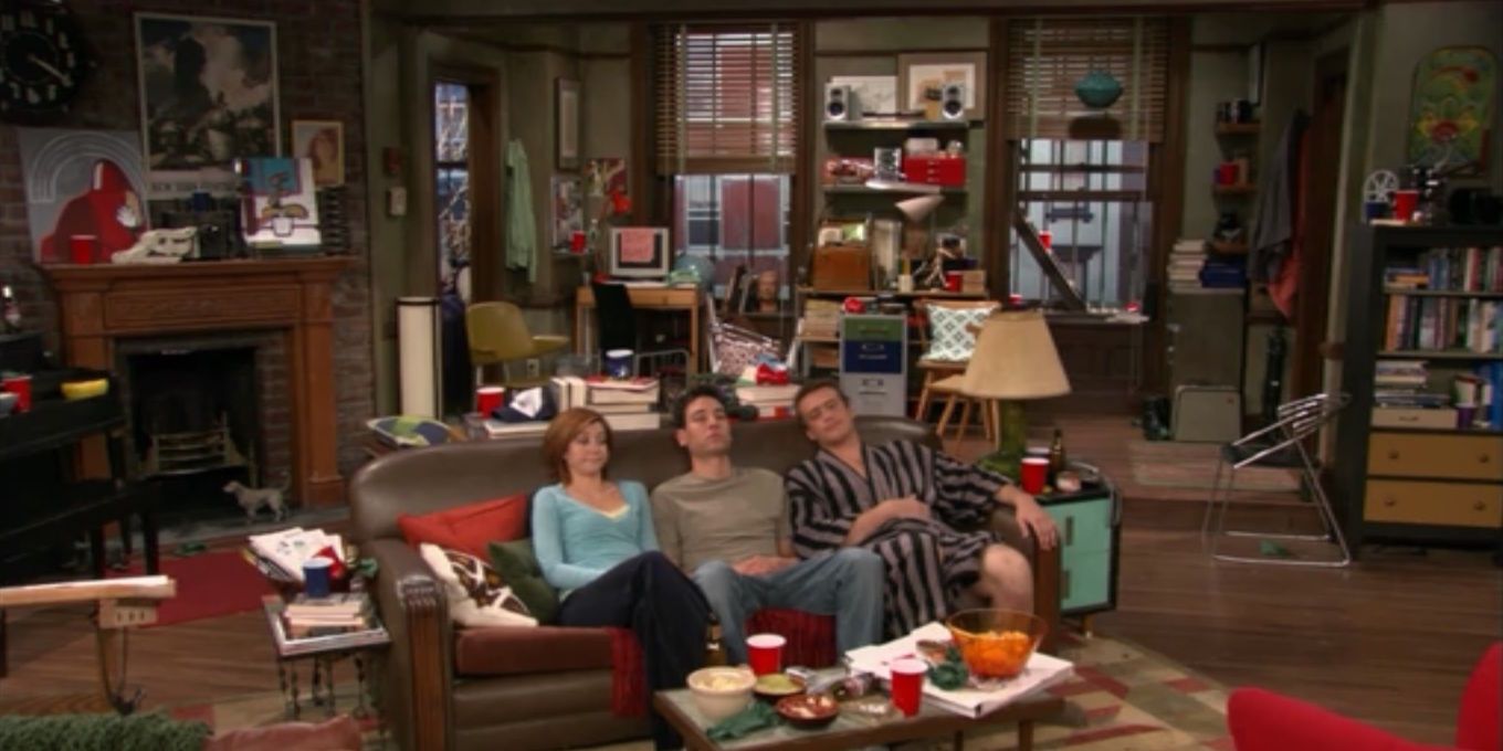 Lily, Ted, and Marshall sitting on the couch at Ted's apartment in HIMYM