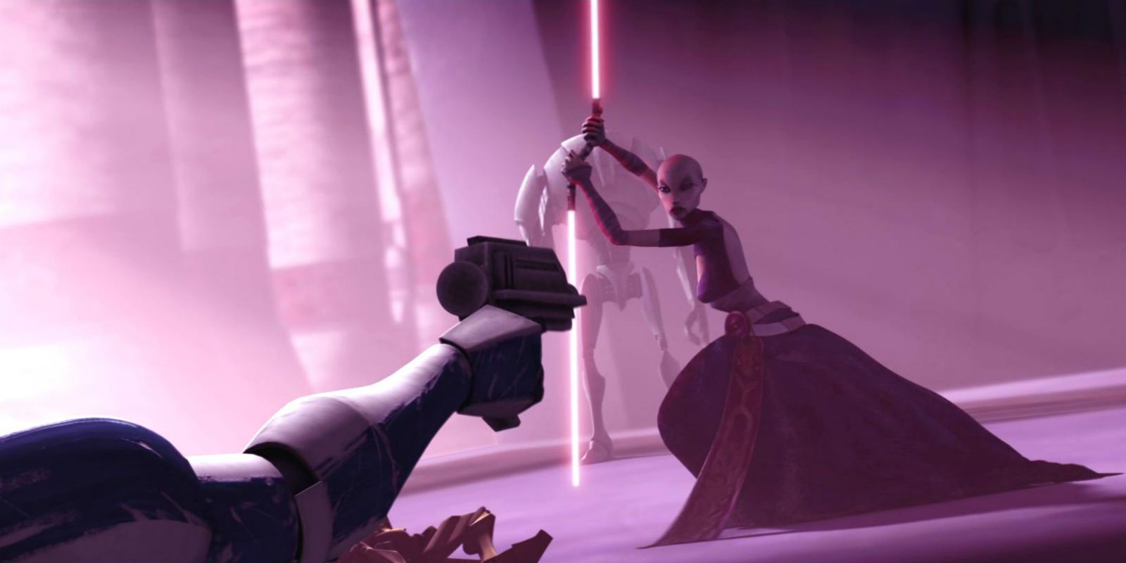 Asajj Ventress Fights a Clone Trooper in Star Wars The Clone Wars