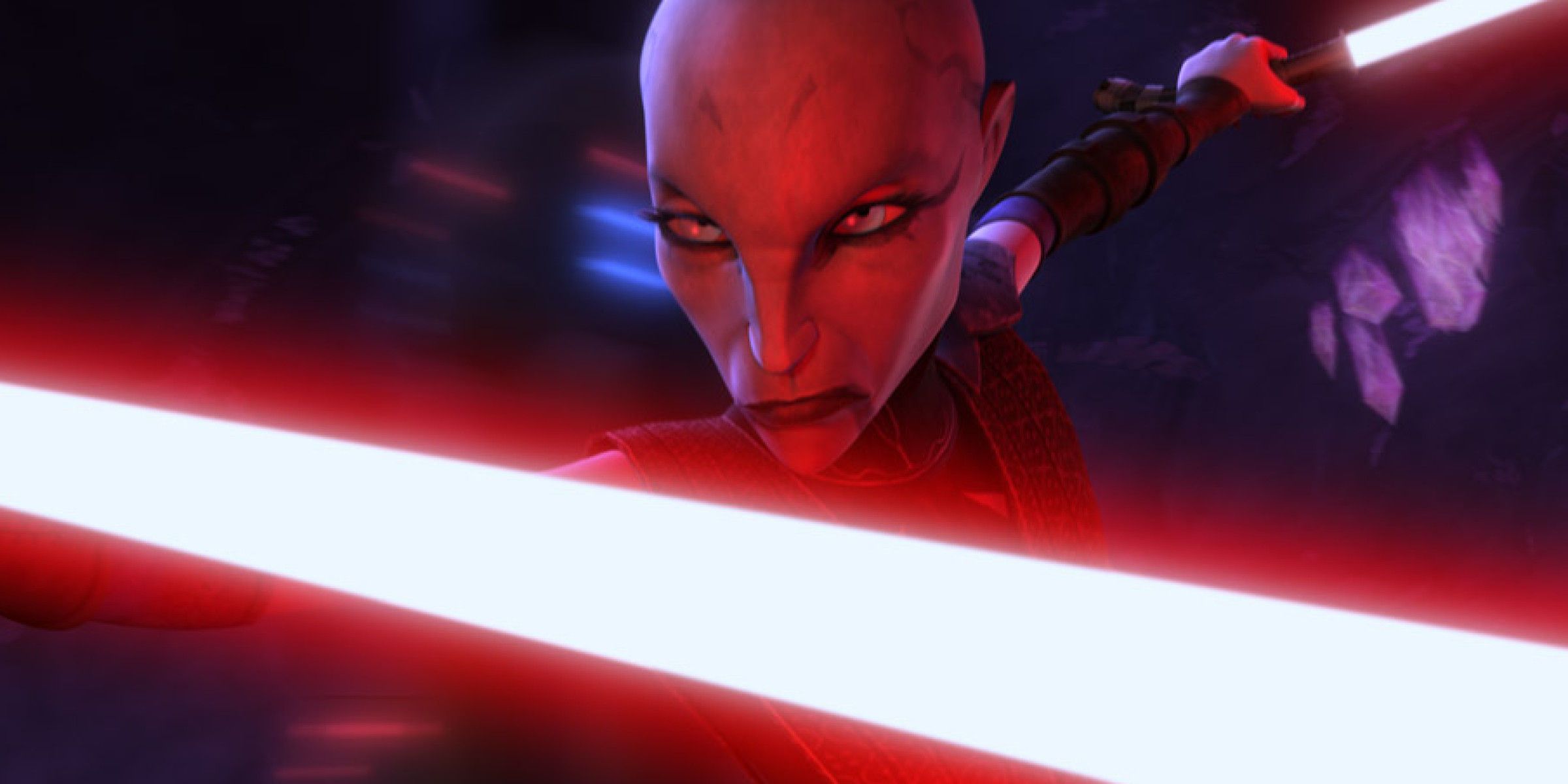 Asajj Ventress battling with her lightsabers in Star Wars The Clone Wars