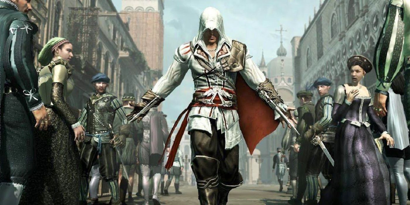 Ezio Auditore walks through a crowded street in Assassin's Creed 2.