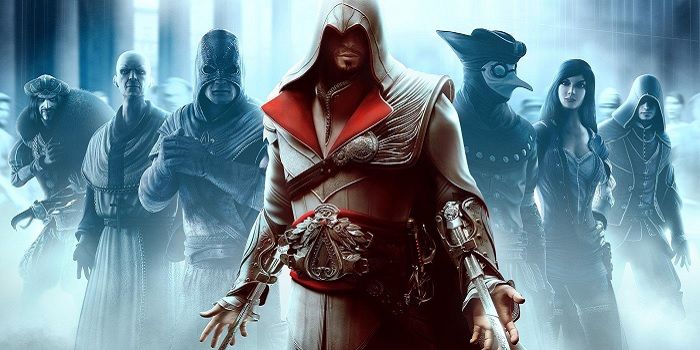 Assassins Creed Brotherhood cover art showing Ezio in front of a variety of figures.