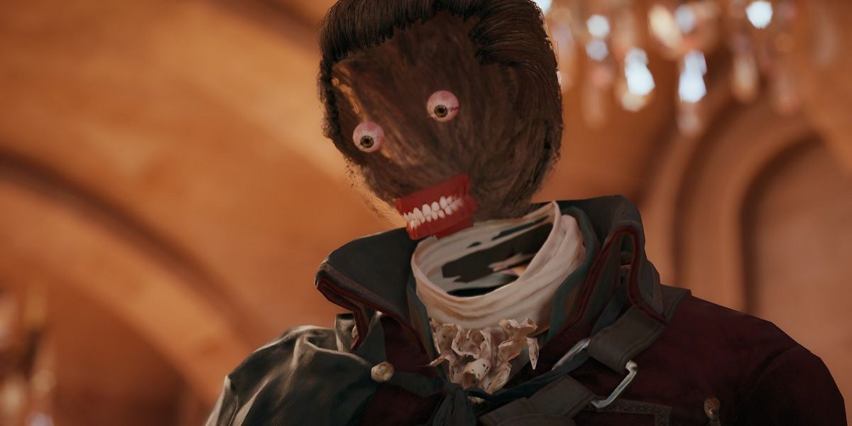 A graphical error from Assassin's Creed Unity, showing a character with a missing face and floating eyes and mouth.