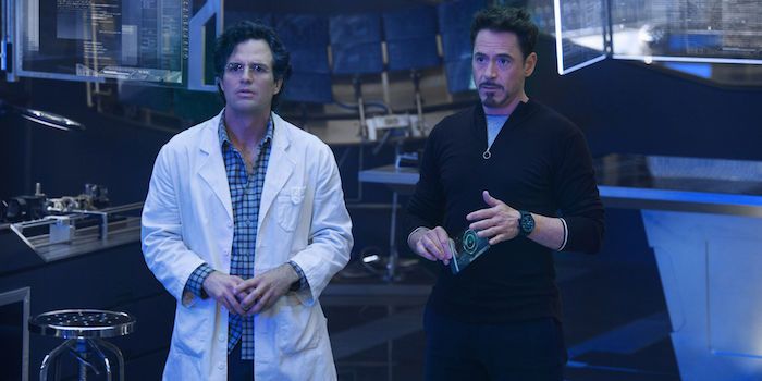 Mark Ruffalo as Bruce Banner and Robert Downey Jr. as Tony Stark in 'Age of Ultron'